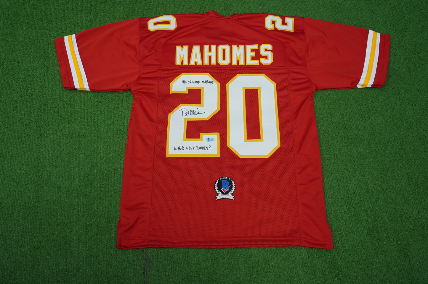 PAT PATRICK MAHOMES SR SIGNED JERSEY KC CHIEFS w/The OG Who'sYourDaddy BAS