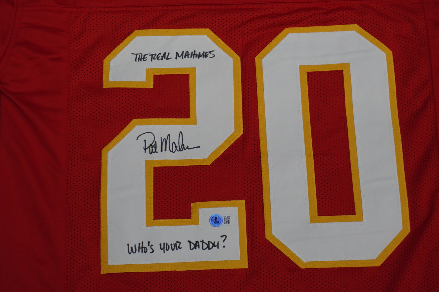 PAT PATRICK MAHOMES SR SIGNED JERSEY KC CHIEFS w/The Real Who'sYourDaddy BAS