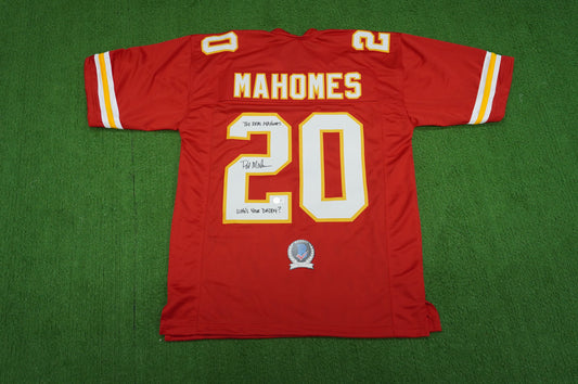 PAT PATRICK MAHOMES SR SIGNED JERSEY KC CHIEFS w/The Real Who'sYourDaddy BAS