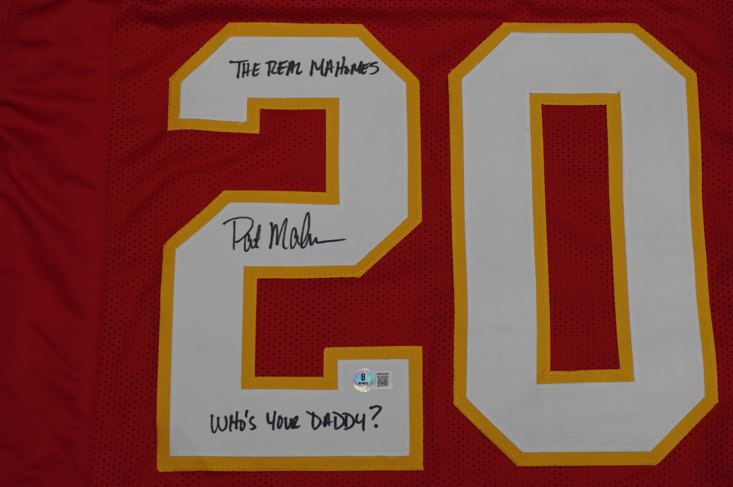 PAT PATRICK MAHOMES SR SIGNED JERSEY KC CHIEFS w/The Real Who'sYourDaddy BAS
