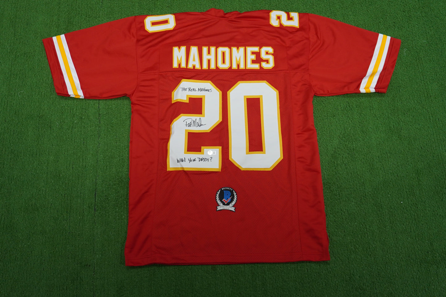 PAT PATRICK MAHOMES SR SIGNED JERSEY KC CHIEFS w/The Real Who'sYourDaddy BAS