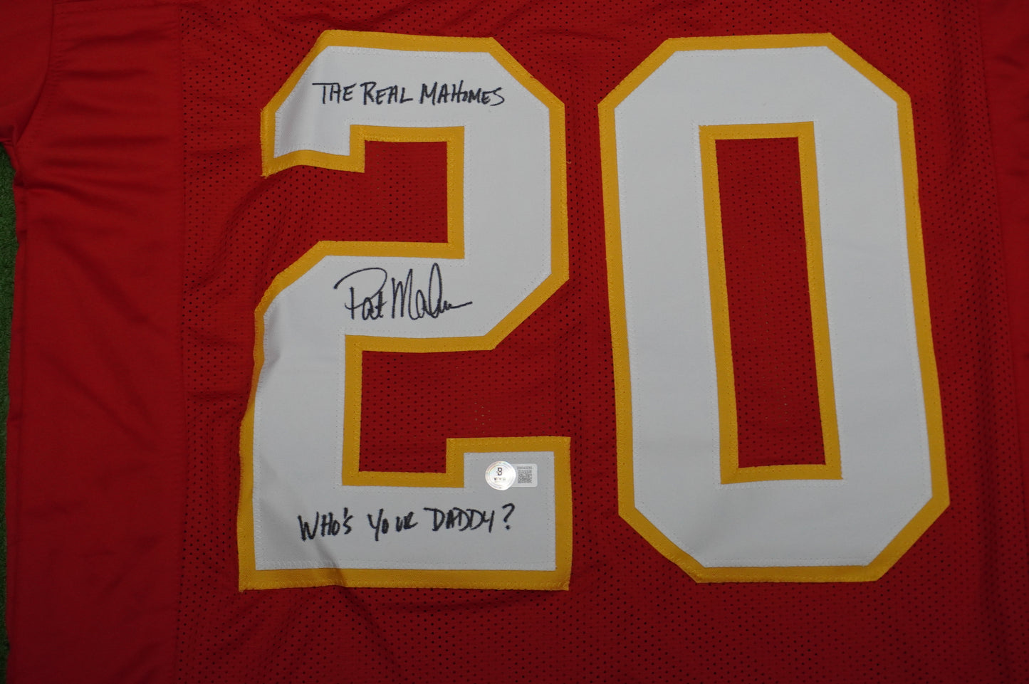 PAT PATRICK MAHOMES SR SIGNED JERSEY KC CHIEFS w/The Real Who'sYourDaddy BAS