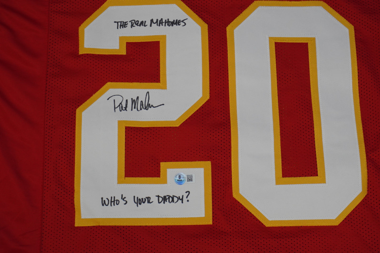 PAT PATRICK MAHOMES SR SIGNED JERSEY KC CHIEFS w/The Real Who'sYourDaddy BAS