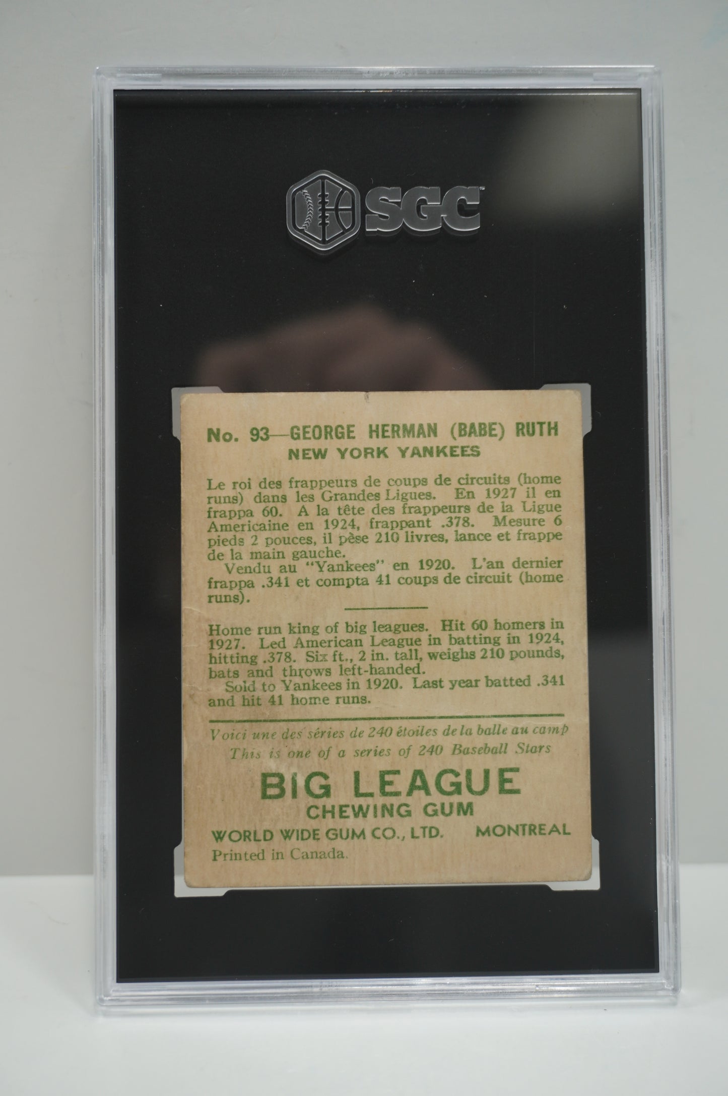 1933 WORLD WIDE GUM CO. Babe Ruth SGC 2 #93 NEW YORK NY YANKEES