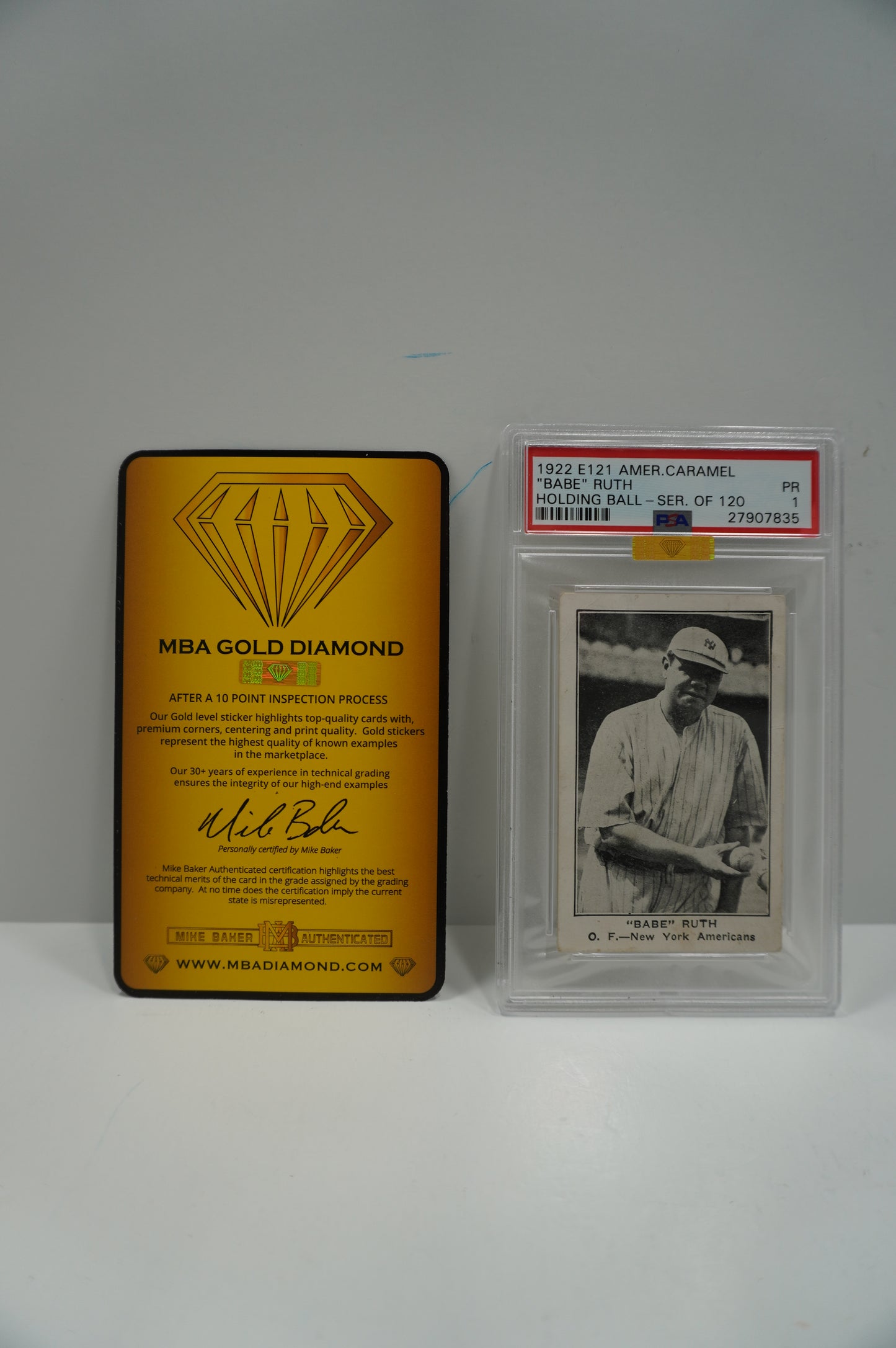 1922 E121 AMERICAN CARAMEL Babe Ruth HOLDING BALL PSA 1 MIKE BAKER GOLD DIAM