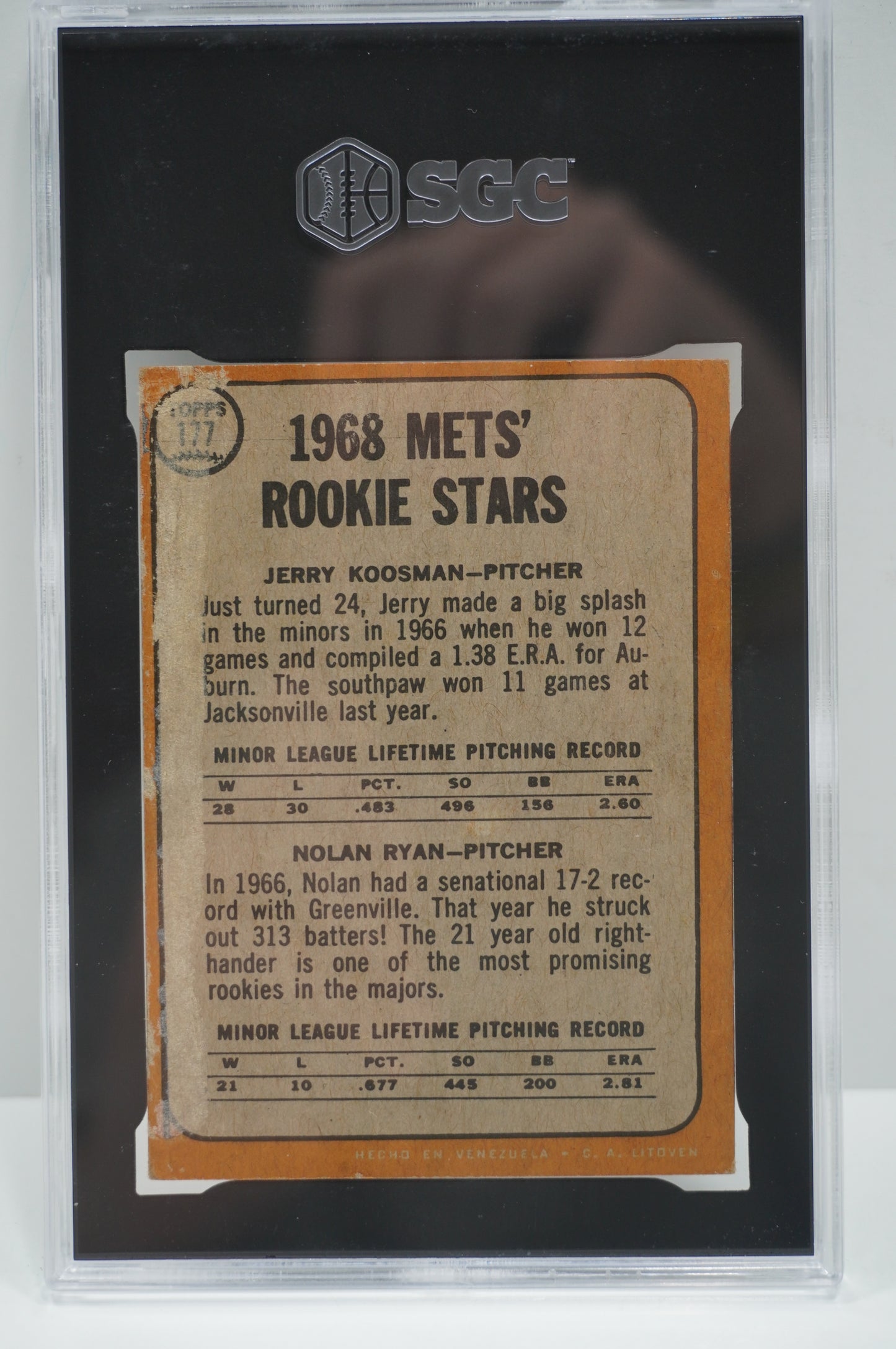 1968 TOPPS VENEZUELAN Nolan Ryan Jerry Koosman #177 SGC 1.5 NEW YORK NY METS