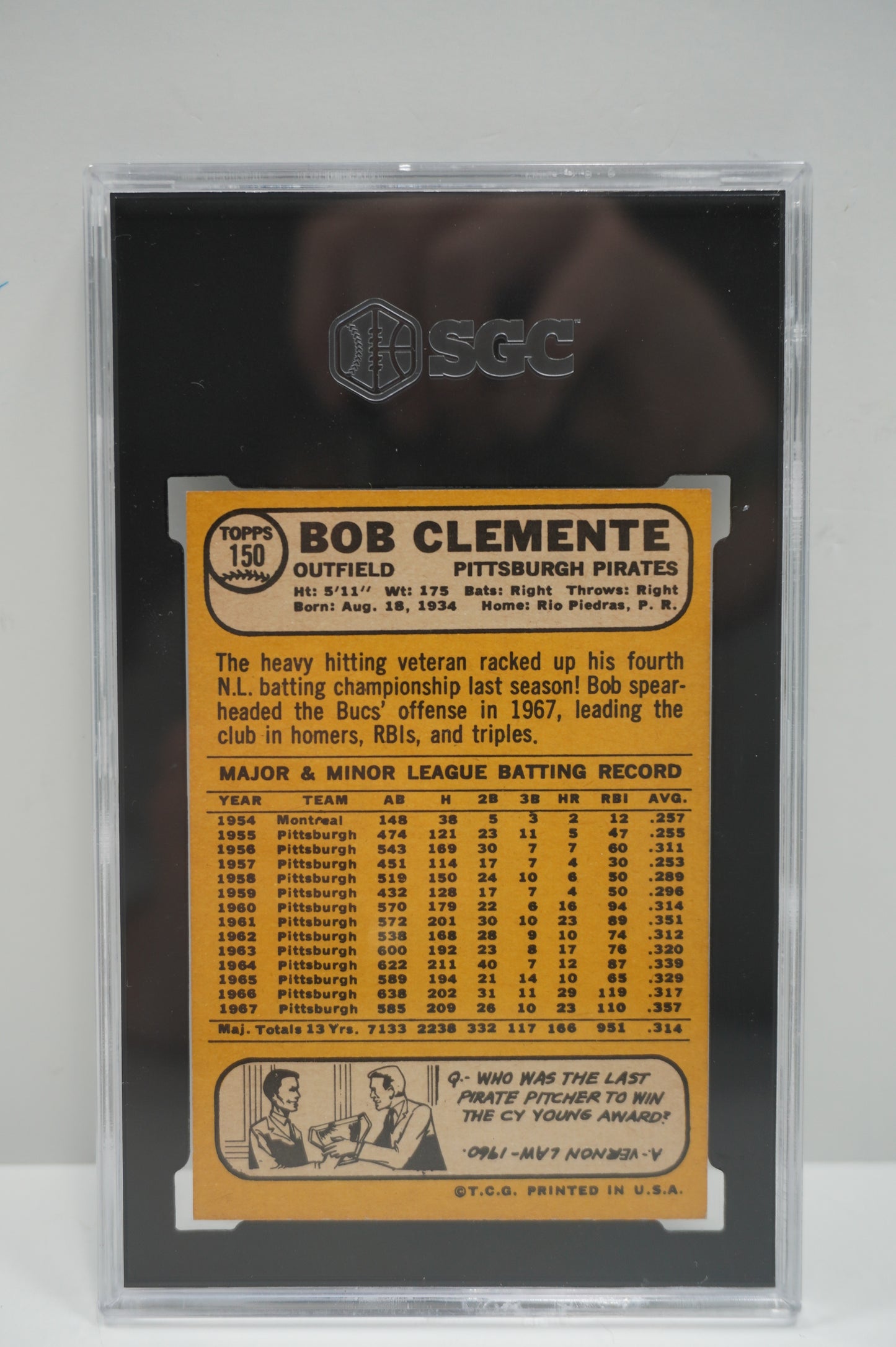 1968 TOPPS Roberto Bob Clemente #150 SGC 8 PITTSBURGH PIRATES