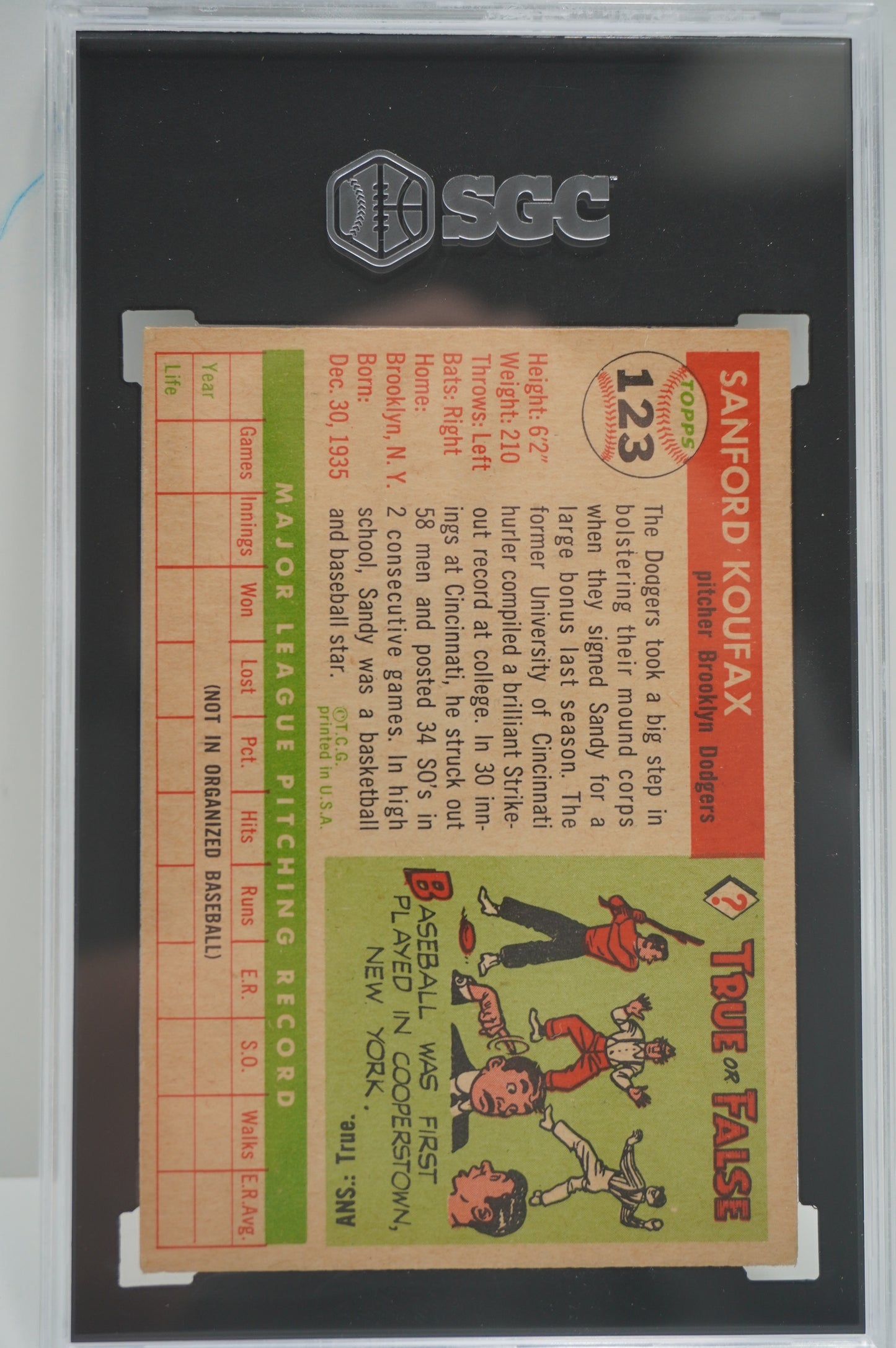 1955 TOPPS Sandy Koufax #123 SGC 5 BROOKLYN LOS ANGELES DODGERS