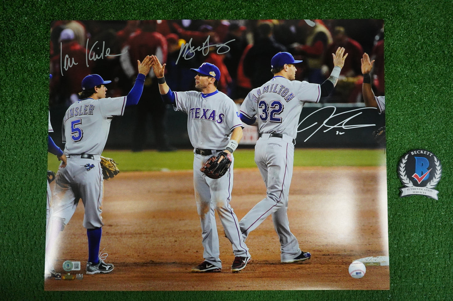 JOSH HAMILTON & MICHAEL YOUNG & IAN KINSLER TEXAS RANGERS SIGNED 16x20 BAS