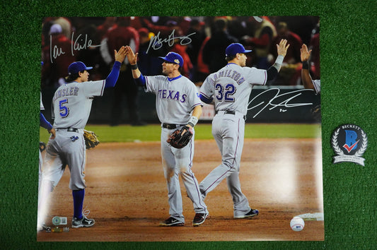 JOSH HAMILTON & MICHAEL YOUNG & IAN KINSLER TEXAS RANGERS SIGNED 16x20 BAS