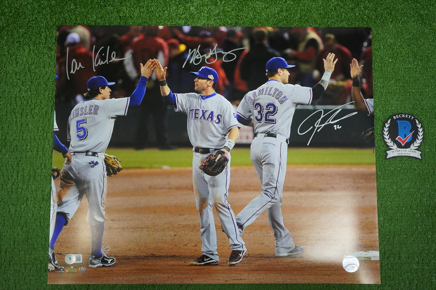 JOSH HAMILTON & MICHAEL YOUNG & IAN KINSLER TEXAS RANGERS SIGNED 16x20 BAS