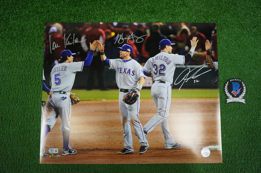JOSH HAMILTON & MICHAEL YOUNG & IAN KINSLER TEXAS RANGERS SIGNED 16x20 BAS