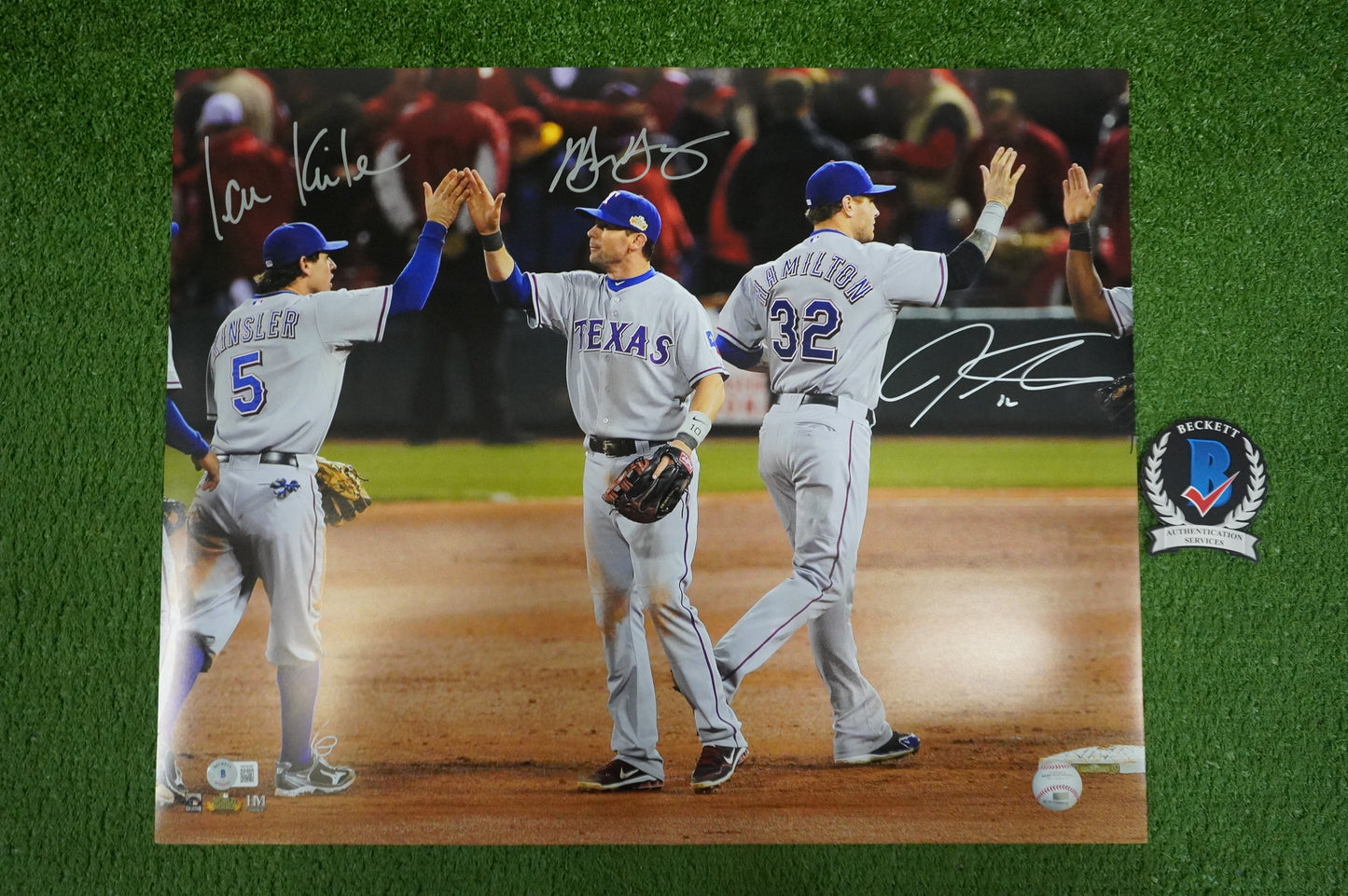 JOSH HAMILTON & MICHAEL YOUNG & IAN KINSLER TEXAS RANGERS SIGNED 16x20 BAS