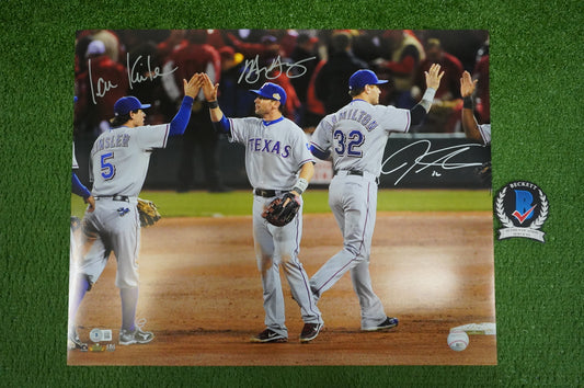 JOSH HAMILTON & MICHAEL YOUNG & IAN KINSLER TEXAS RANGERS SIGNED 16x20 BAS