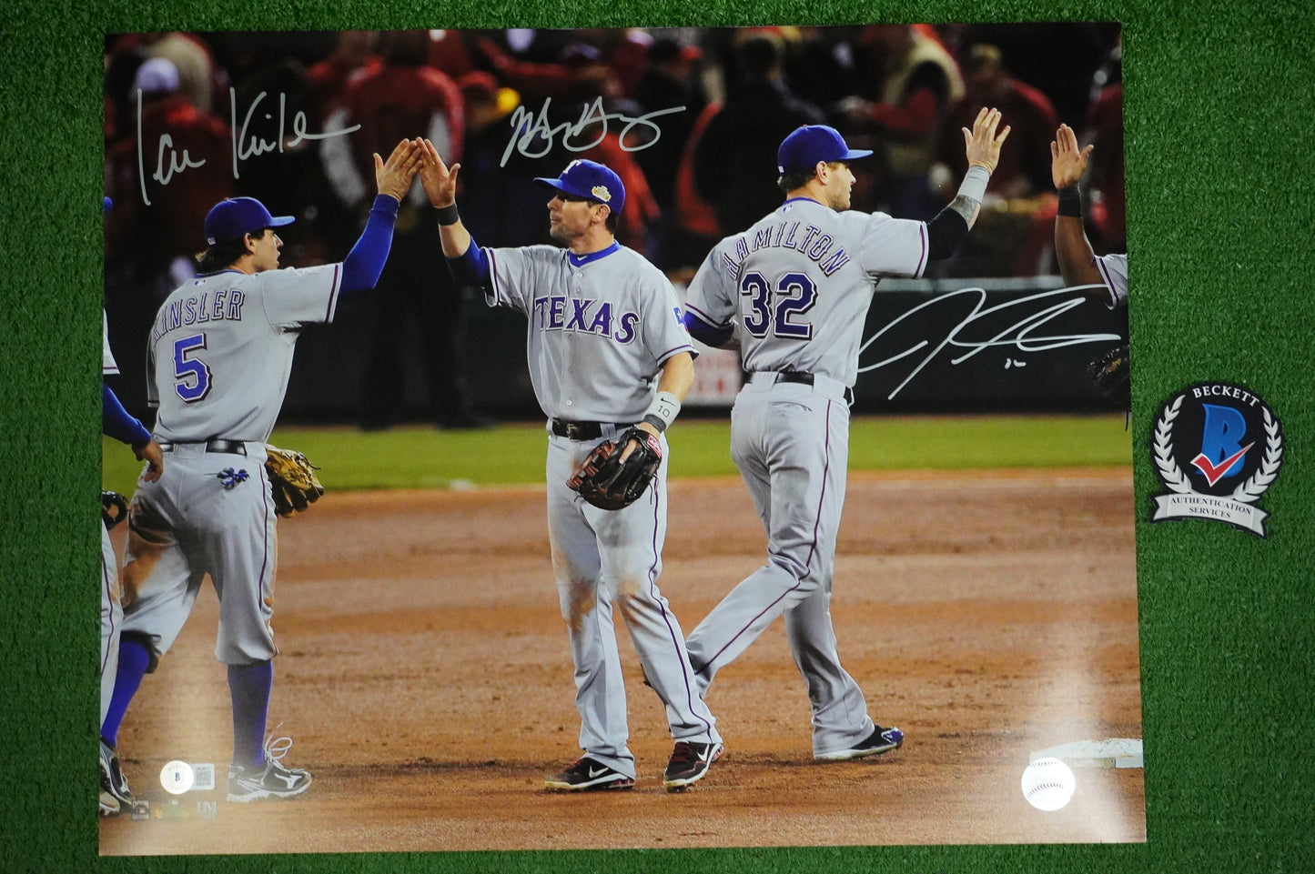 JOSH HAMILTON & MICHAEL YOUNG & IAN KINSLER TEXAS RANGERS SIGNED 16x20 BAS