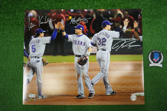 JOSH HAMILTON & MICHAEL YOUNG & IAN KINSLER TEXAS RANGERS SIGNED 16x20 BAS