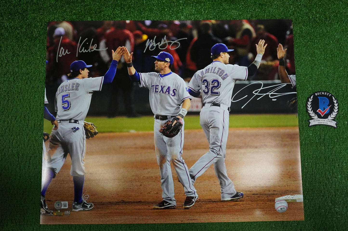 JOSH HAMILTON & MICHAEL YOUNG & IAN KINSLER TEXAS RANGERS SIGNED 16x20 BAS
