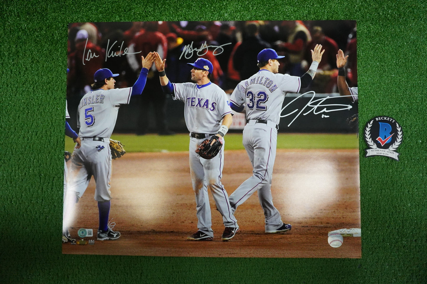 JOSH HAMILTON & MICHAEL YOUNG & IAN KINSLER TEXAS RANGERS SIGNED 16x20 BAS