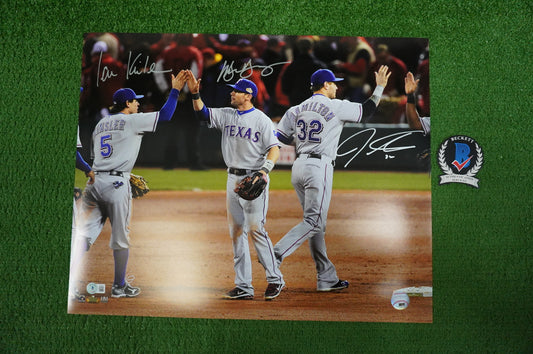JOSH HAMILTON & MICHAEL YOUNG & IAN KINSLER TEXAS RANGERS SIGNED 16x20 BAS