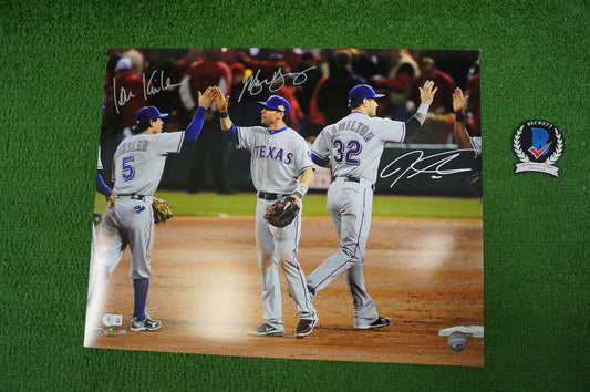 JOSH HAMILTON & MICHAEL YOUNG & IAN KINSLER TEXAS RANGERS SIGNED 16x20 BAS