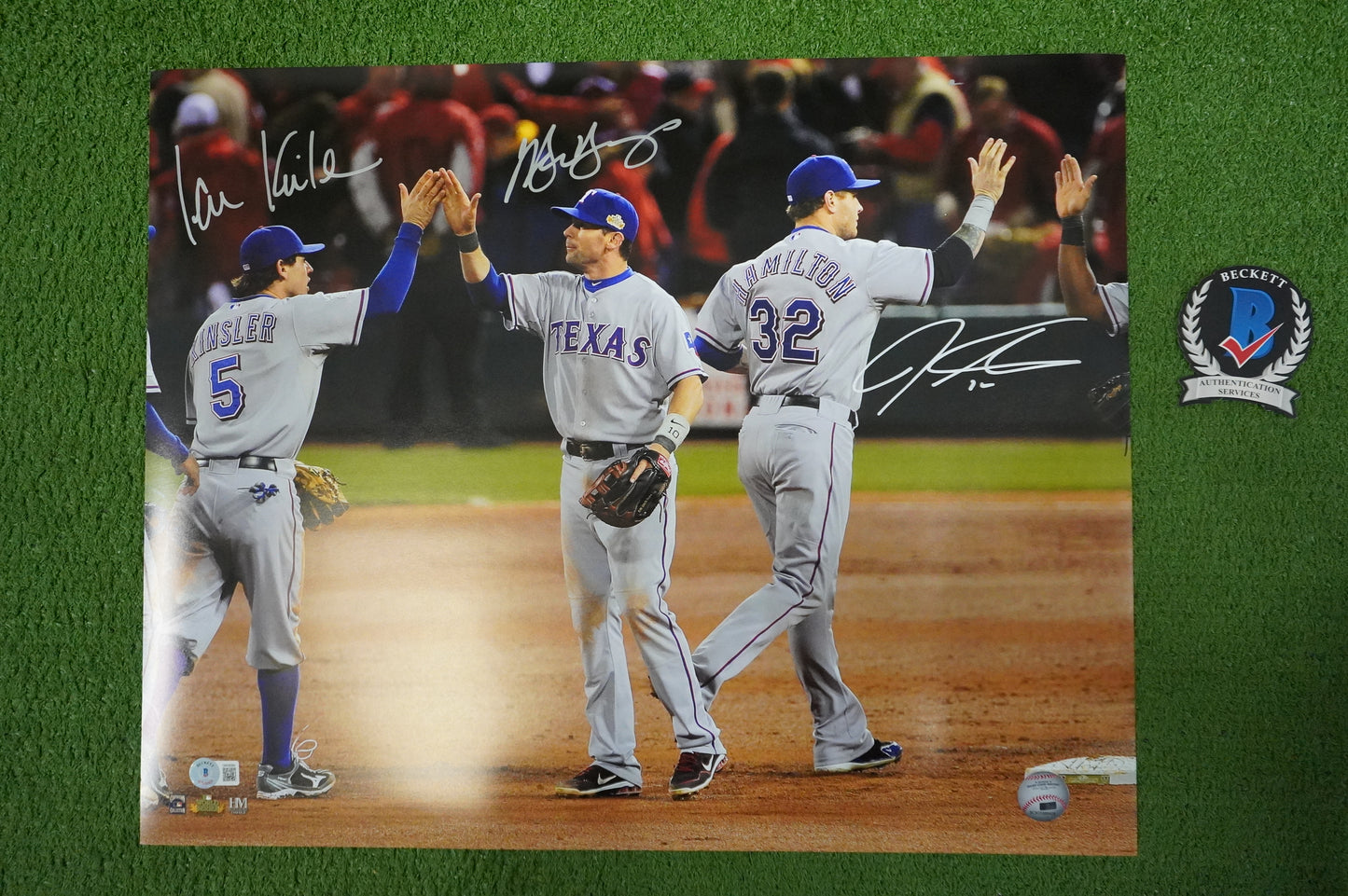 JOSH HAMILTON & MICHAEL YOUNG & IAN KINSLER TEXAS RANGERS SIGNED 16x20 BAS