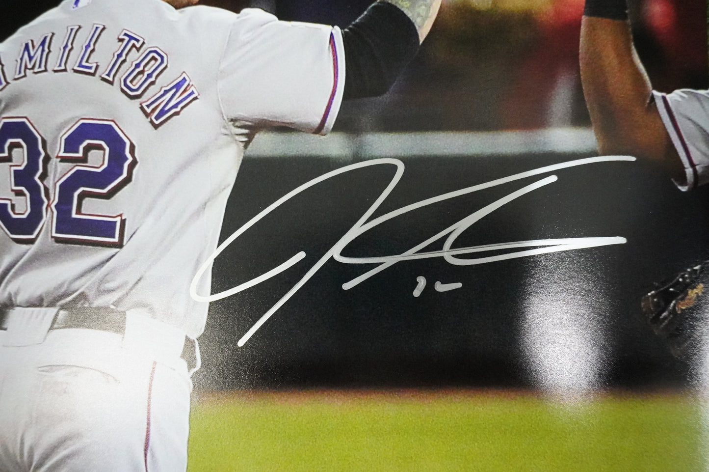 JOSH HAMILTON & MICHAEL YOUNG & IAN KINSLER TEXAS RANGERS SIGNED 16x20 BAS