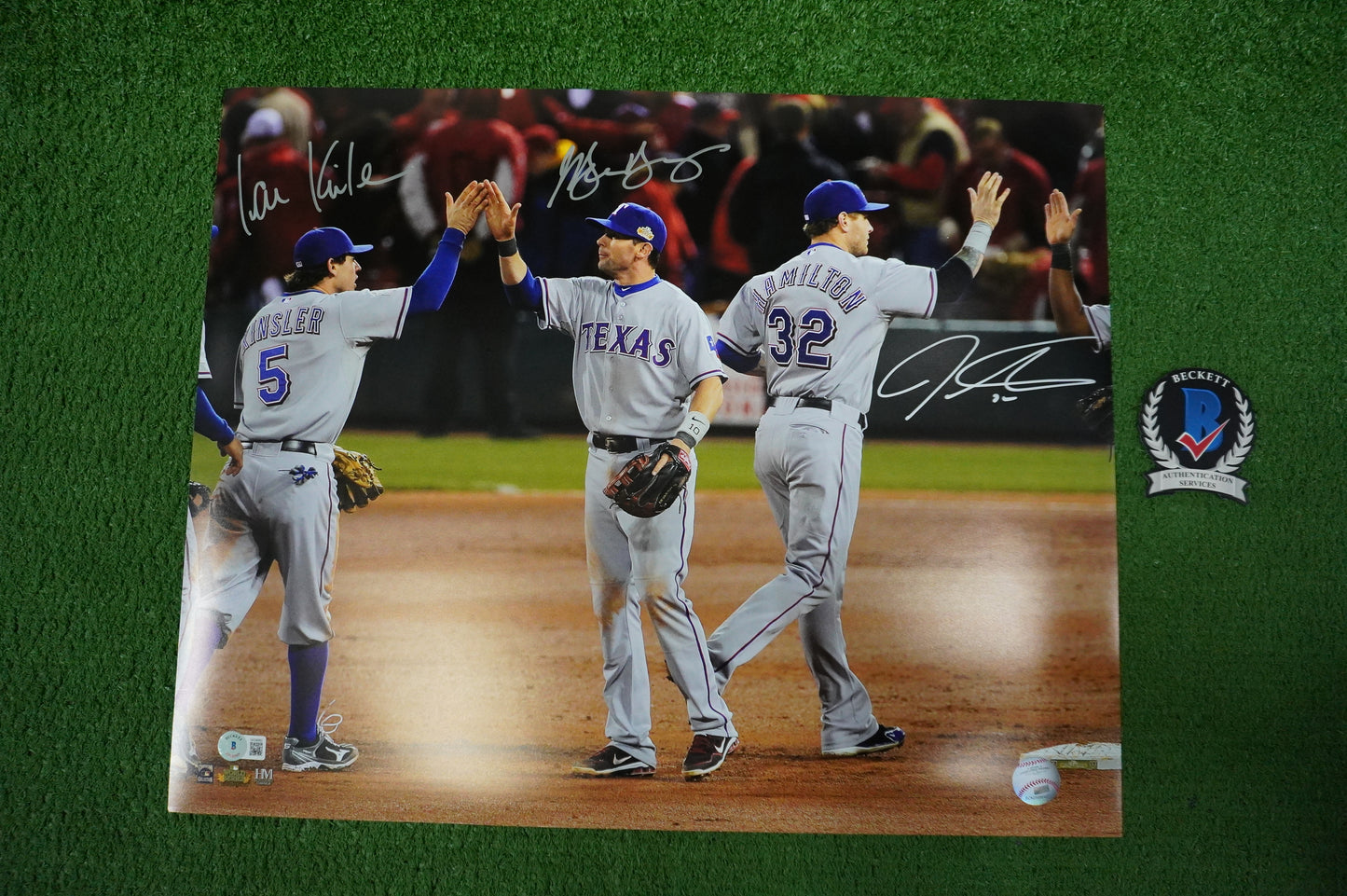 JOSH HAMILTON & MICHAEL YOUNG & IAN KINSLER TEXAS RANGERS SIGNED 16x20 BAS