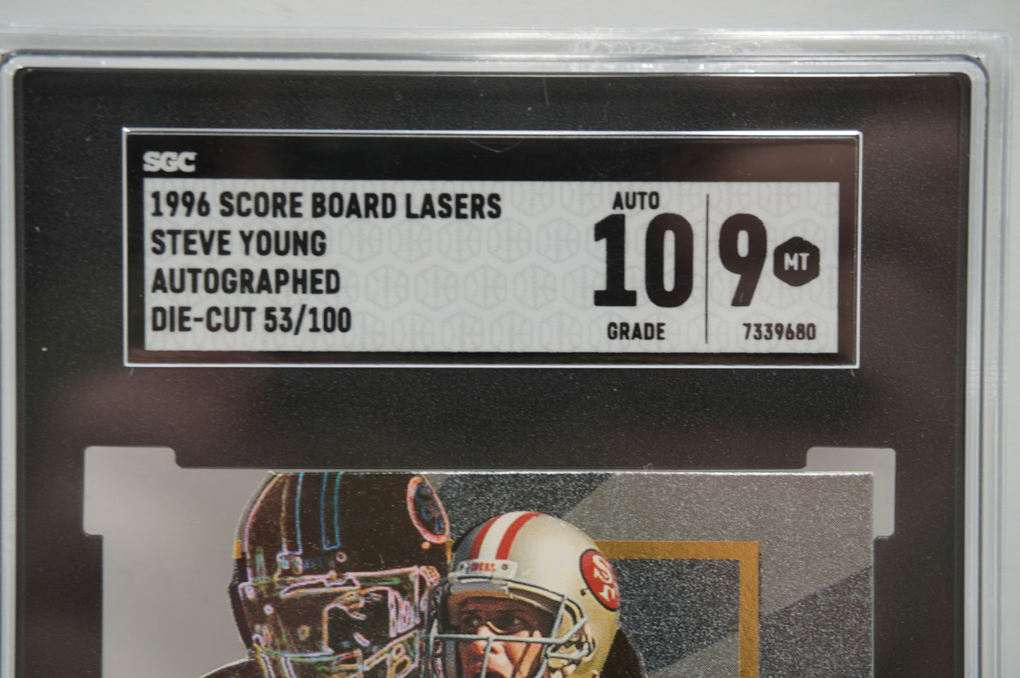 1996 Score Board Laser's Steve Young Auto Diecut /100 SGC 9