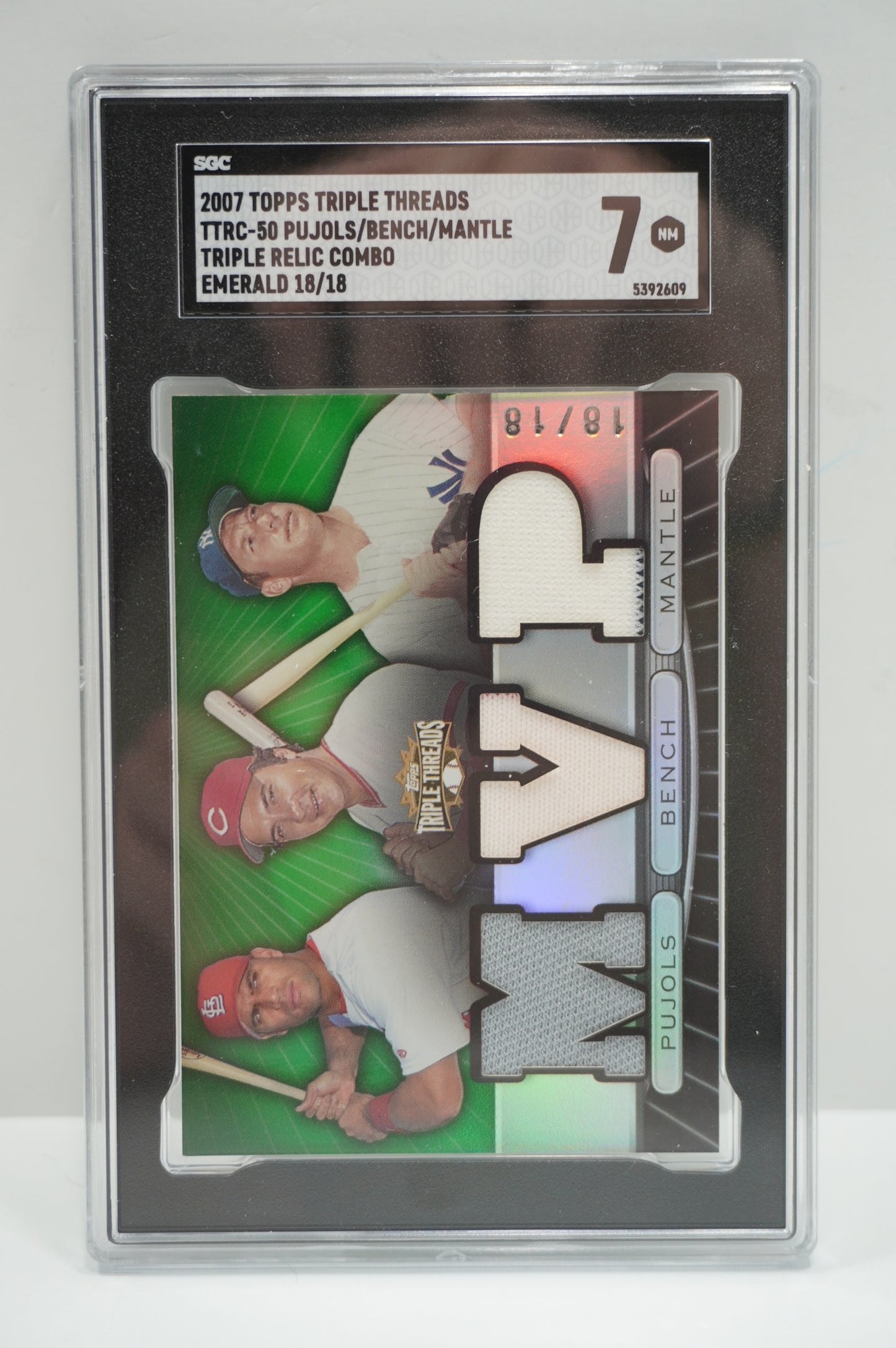 2007 triple threads Pujols/Bench/Mantle TTRC-50 triple relic /18 SGC 7