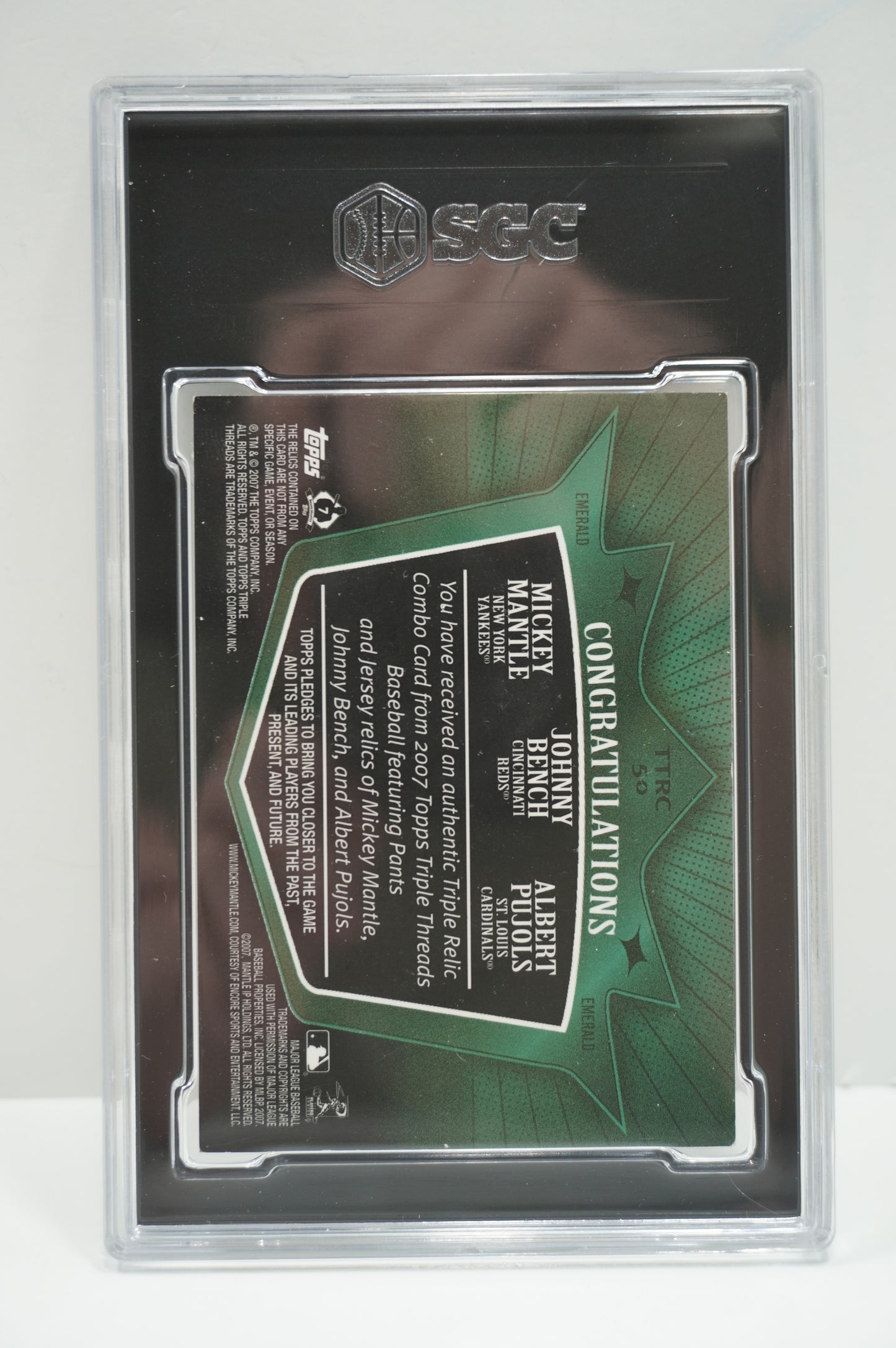 2007 triple threads Pujols/Bench/Mantle TTRC-50 triple relic /18 SGC 7