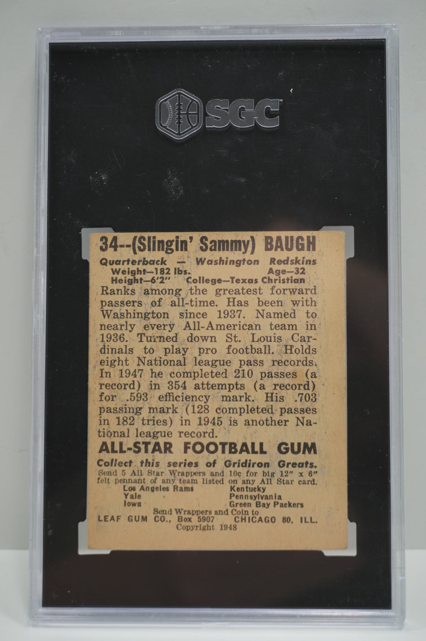 1948 Leaf Gum Sammy Baugh 34 SGC 4.5