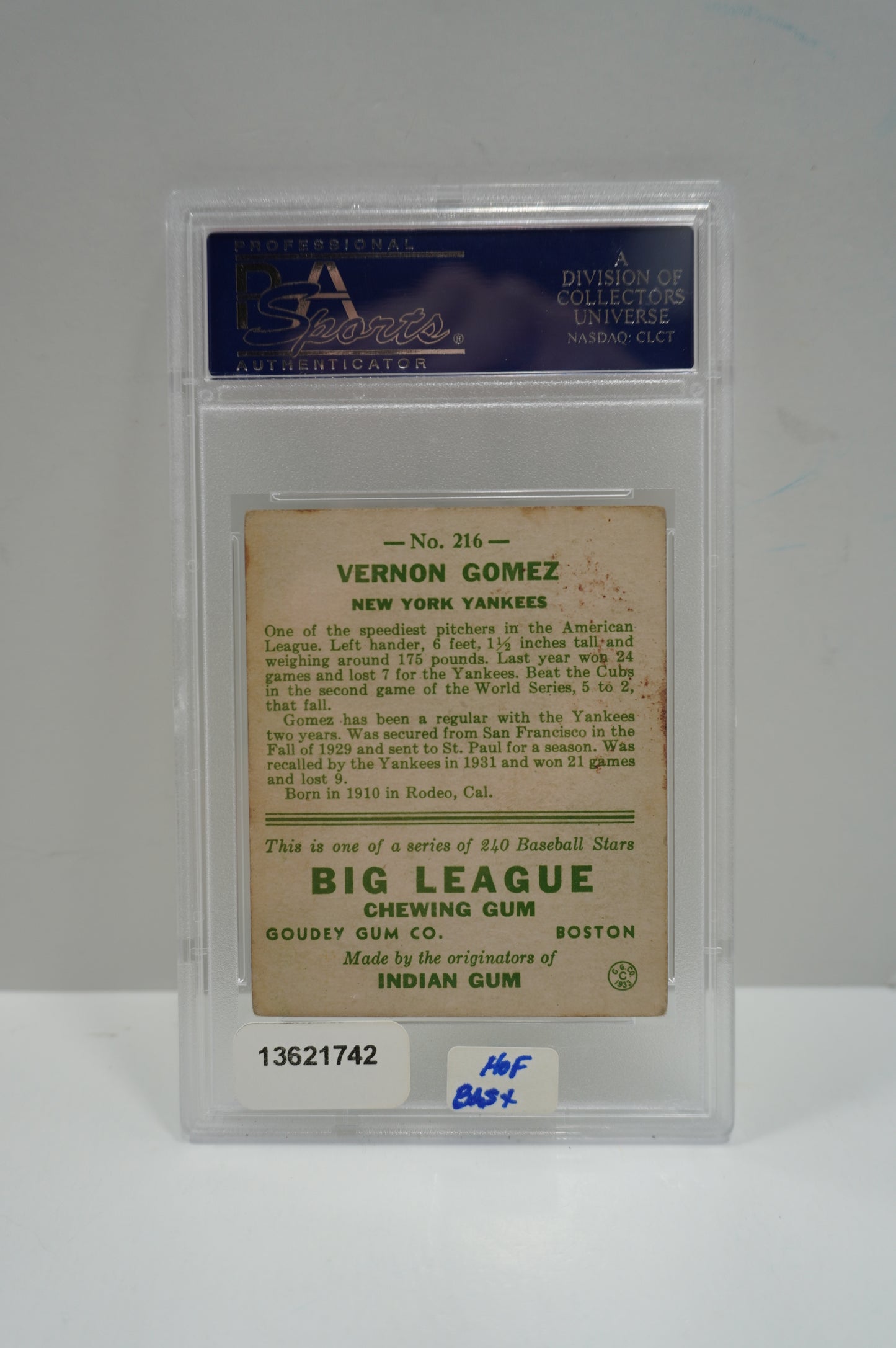 1933 Goudey Vernon Gomez 216 PSA 4