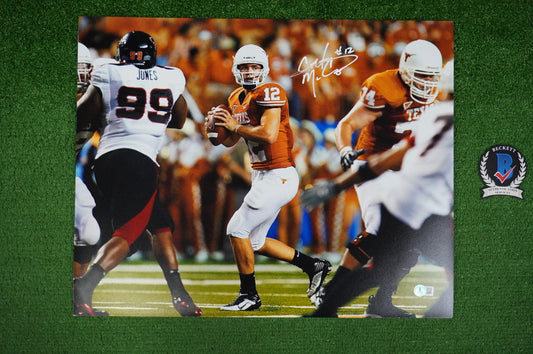 COLT McCOY TEXAS LONGHORNS SIGNED 16x20 Drop Back PHOTO BAS COA