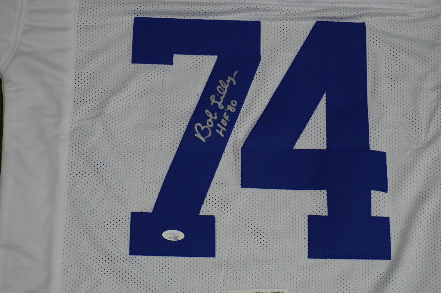 BOB LILLY SIGNED WHITE JERSEY Size XL Dallas Cowboys w/HOF 80 JSA COA