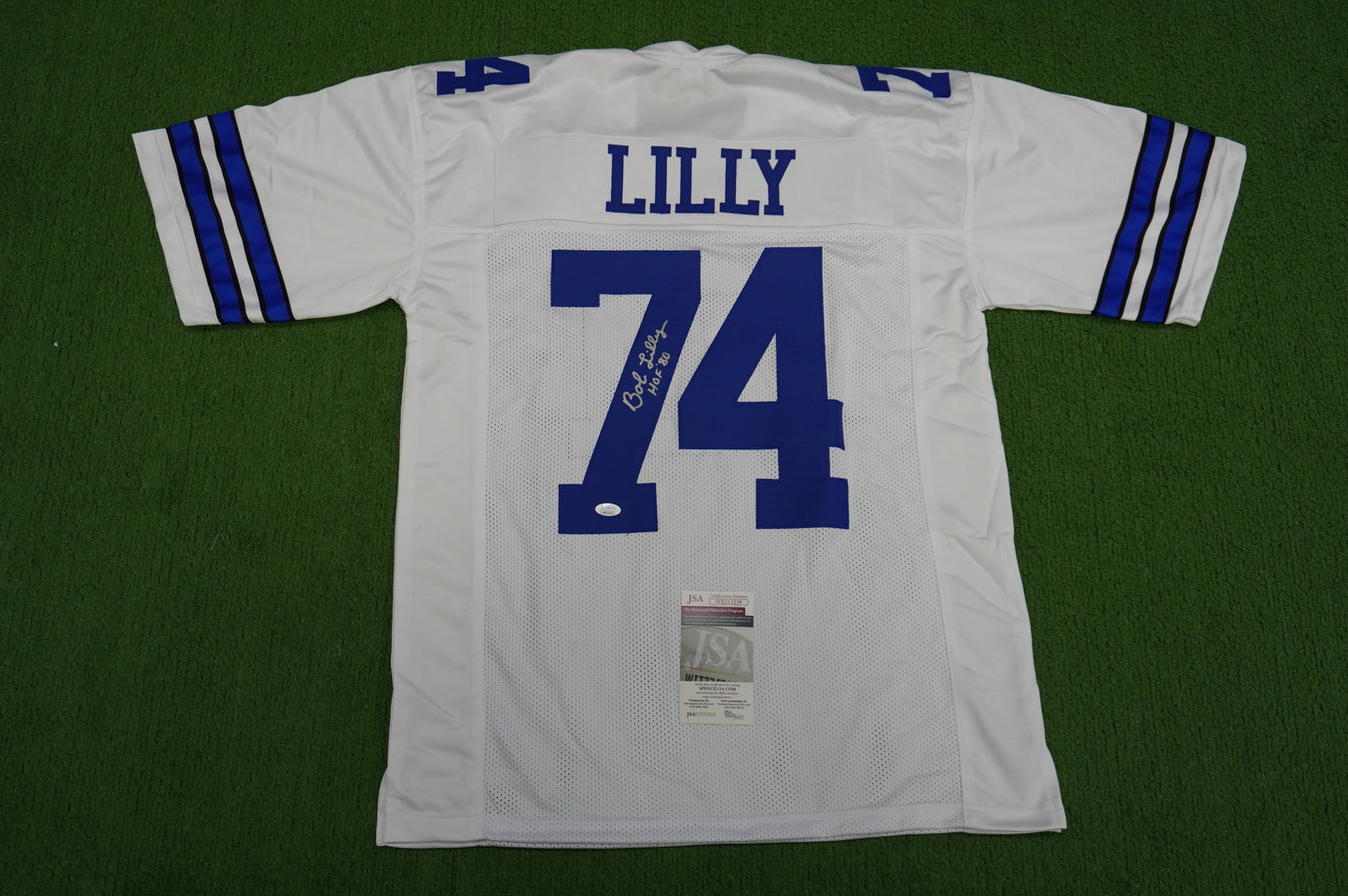 BOB LILLY SIGNED WHITE JERSEY Size XL Dallas Cowboys w/HOF 80 JSA COA