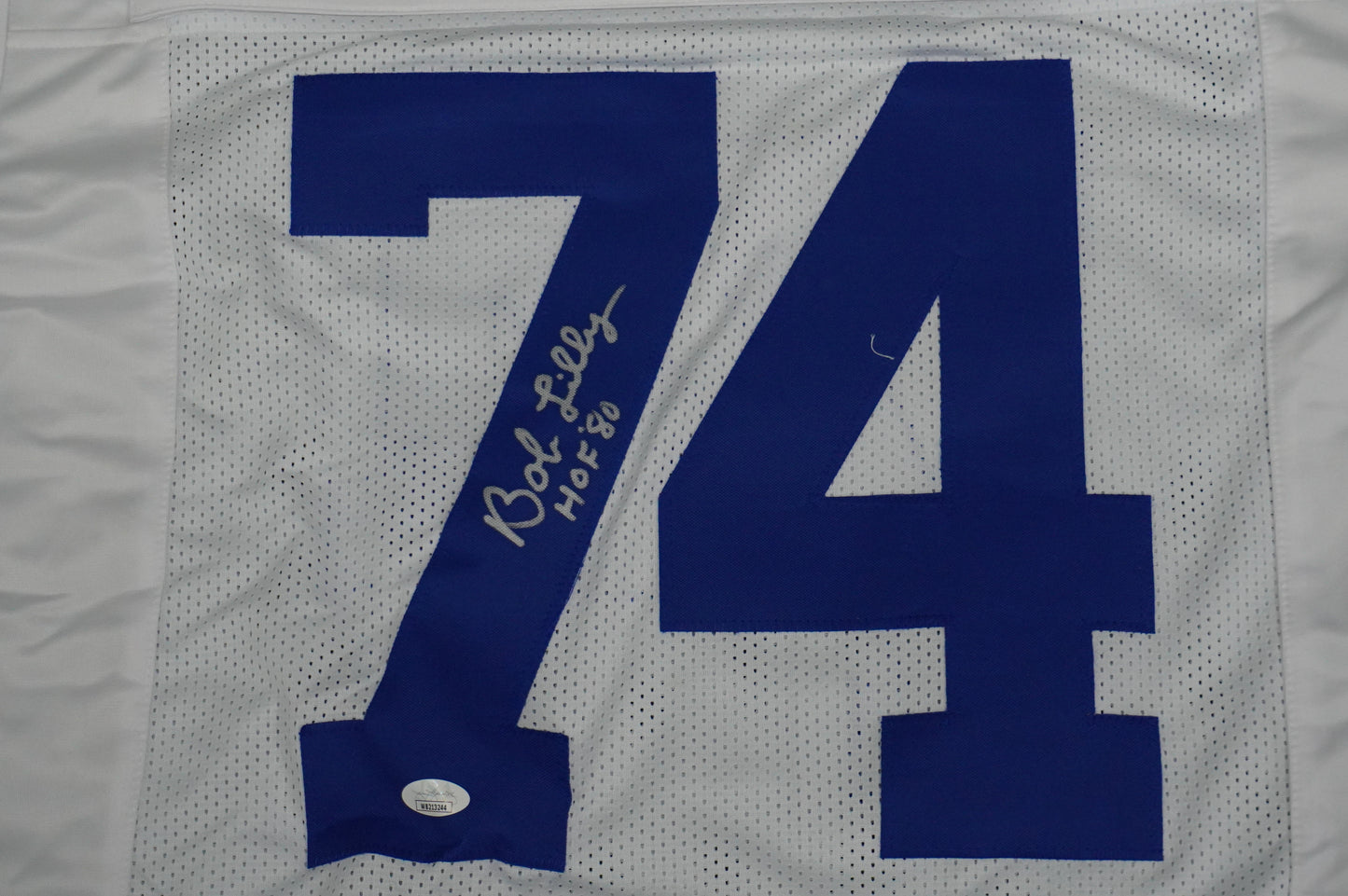 BOB LILLY SIGNED WHITE JERSEY Size M Dallas Cowboys w/HOF 80 JSA COA