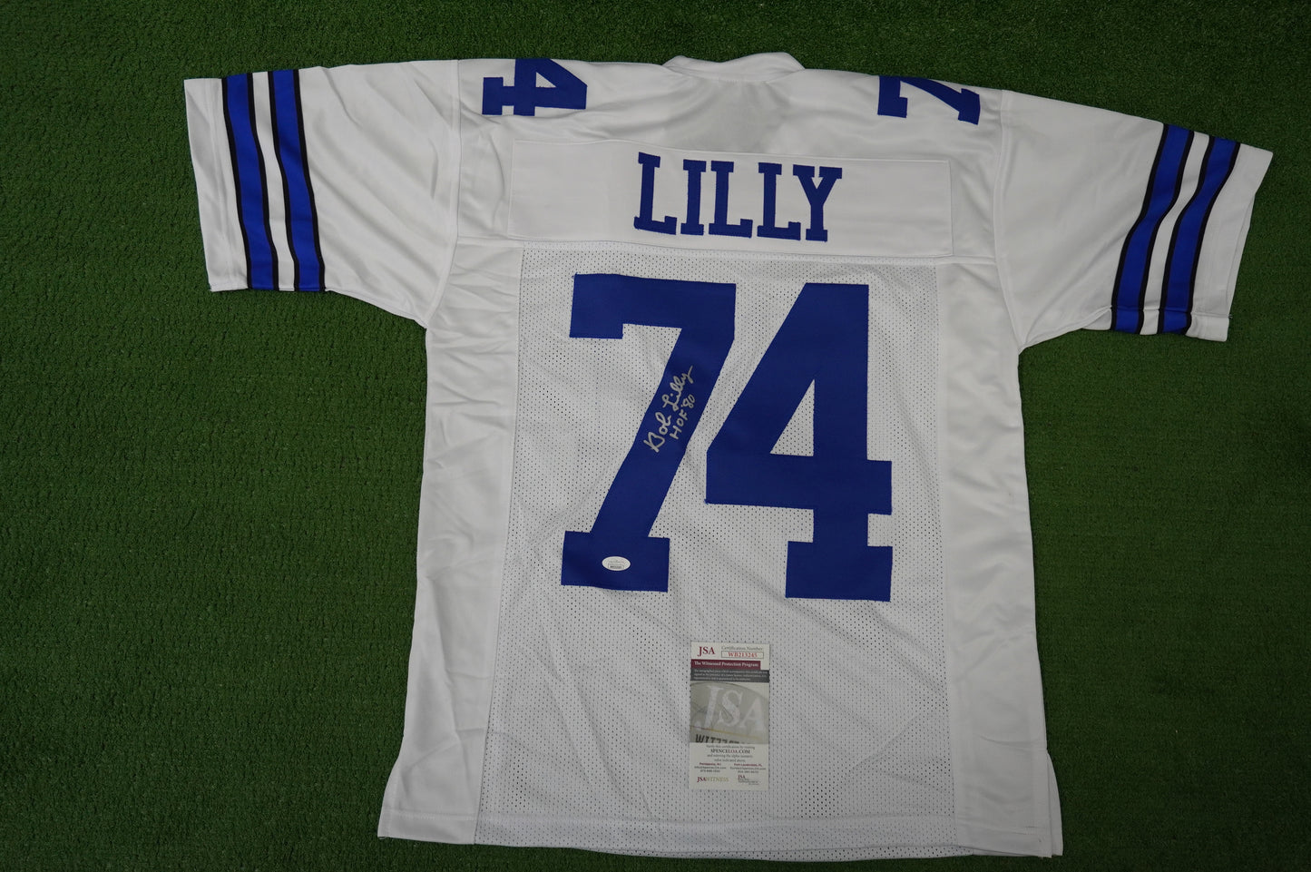 BOB LILLY SIGNED WHITE JERSEY Size M Dallas Cowboys w/HOF 80 JSA COA