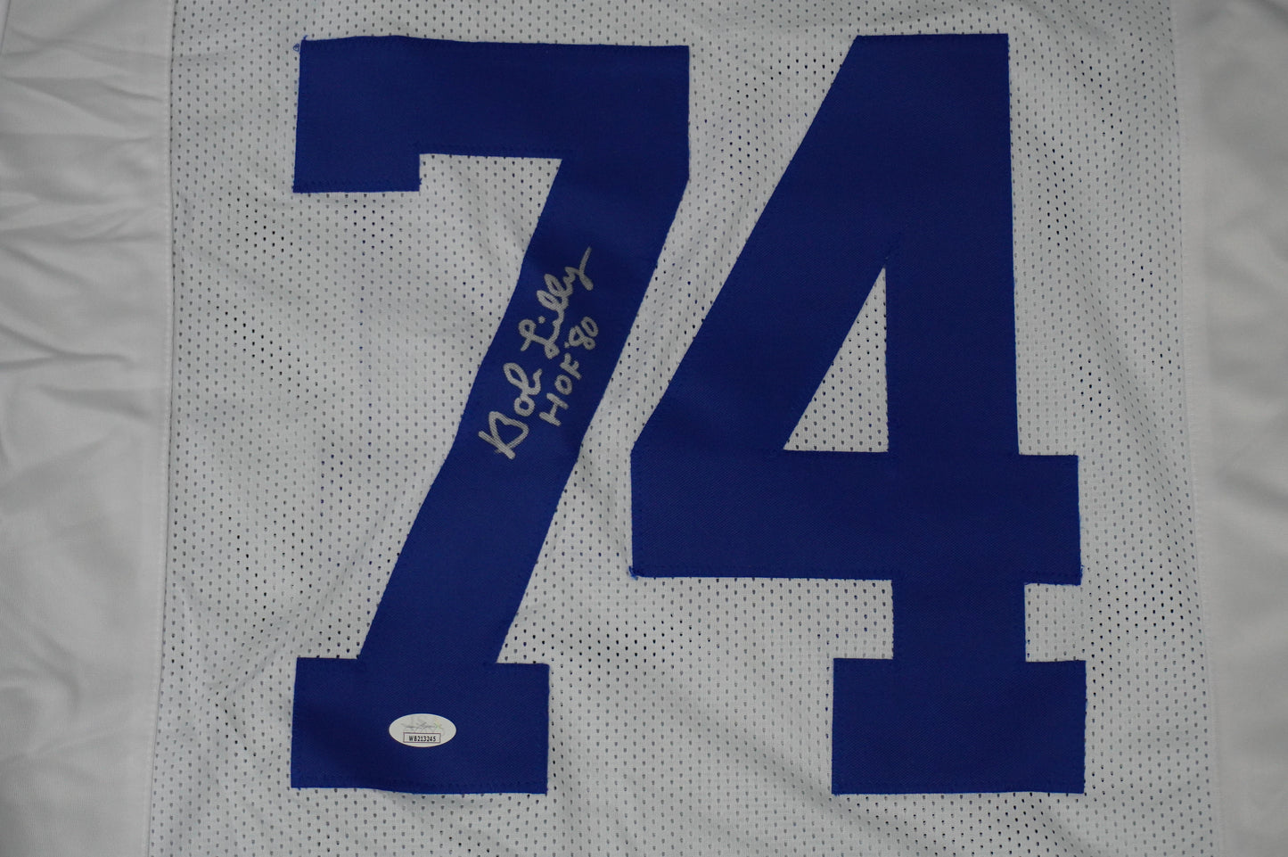 BOB LILLY SIGNED WHITE JERSEY Size M Dallas Cowboys w/HOF 80 JSA COA