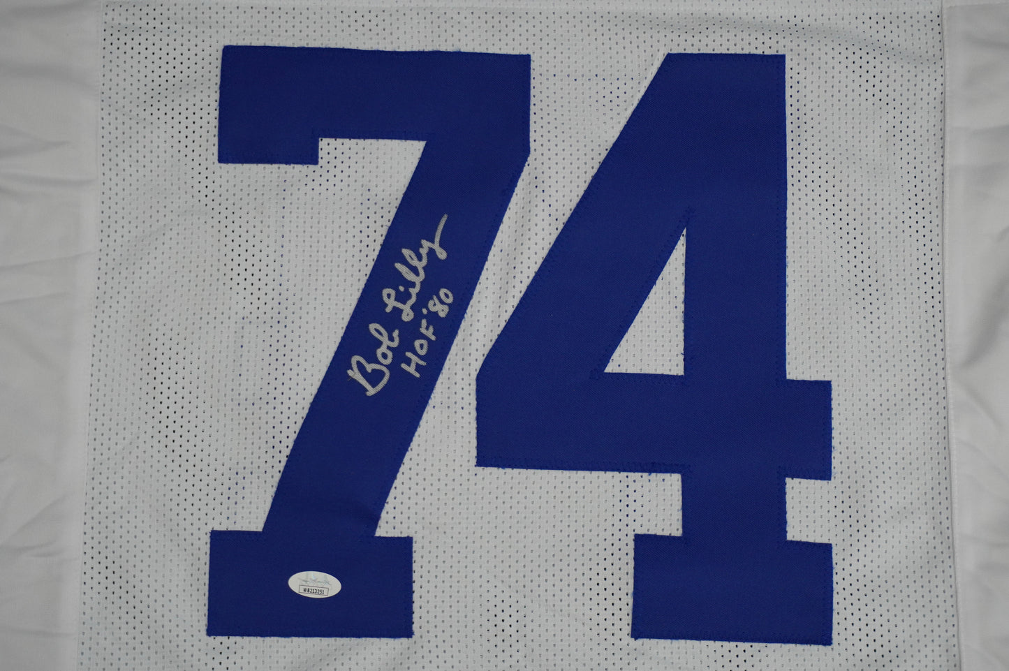 BOB LILLY SIGNED WHITE JERSEY Size L Dallas Cowboys w/HOF 80 JSA COA