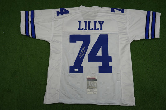 BOB LILLY SIGNED WHITE JERSEY Size L Dallas Cowboys w/HOF 80 JSA COA