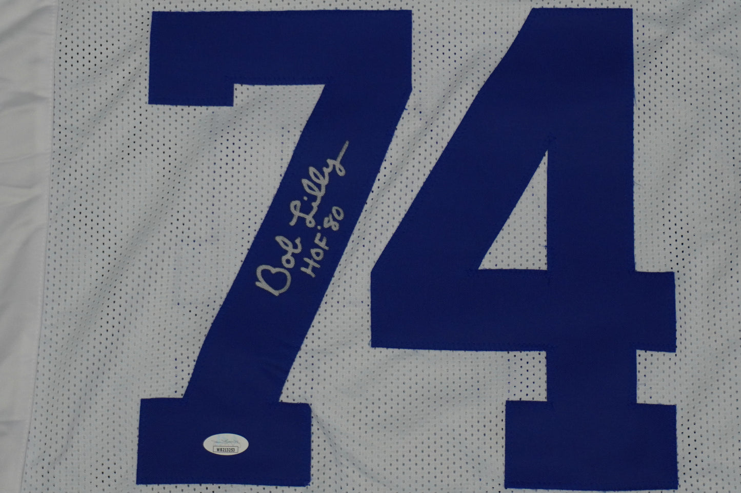 BOB LILLY SIGNED WHITE JERSEY Size L Dallas Cowboys w/HOF 80 JSA COA