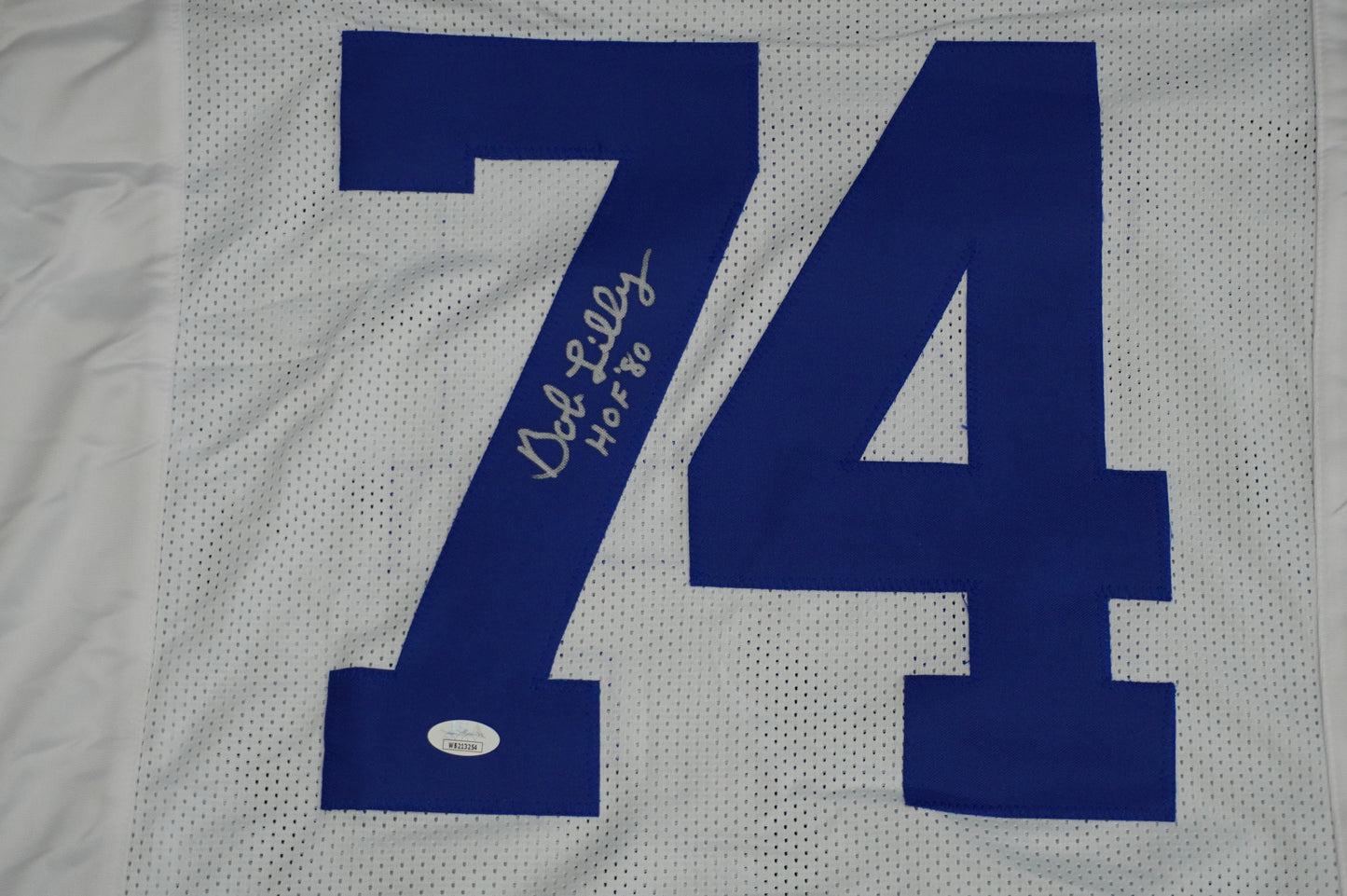 BOB LILLY SIGNED WHITE JERSEY Size L Dallas Cowboys w/HOF 80 JSA COA