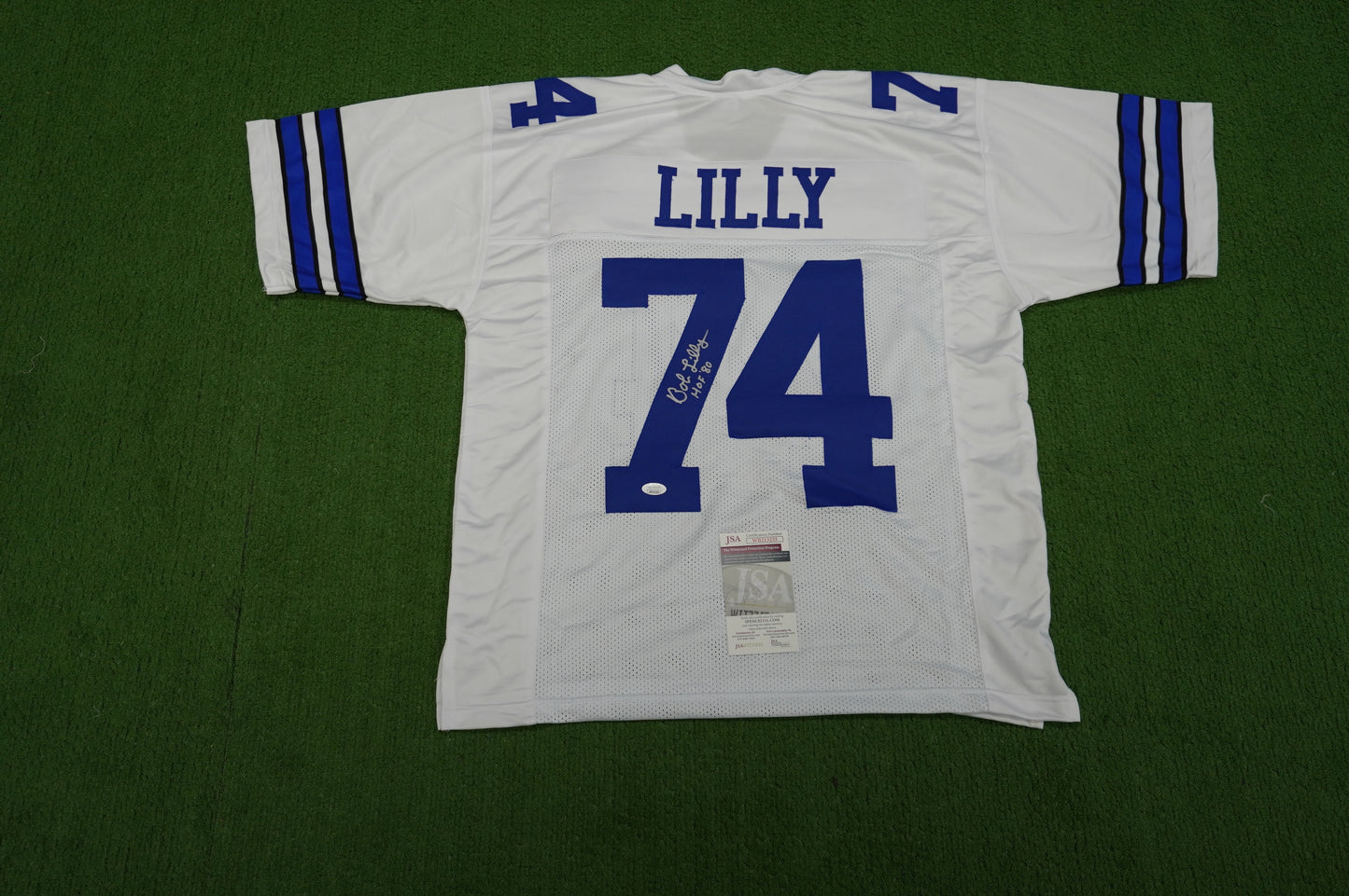 BOB LILLY SIGNED WHITE JERSEY Size L Dallas Cowboys w/HOF 80 JSA COA