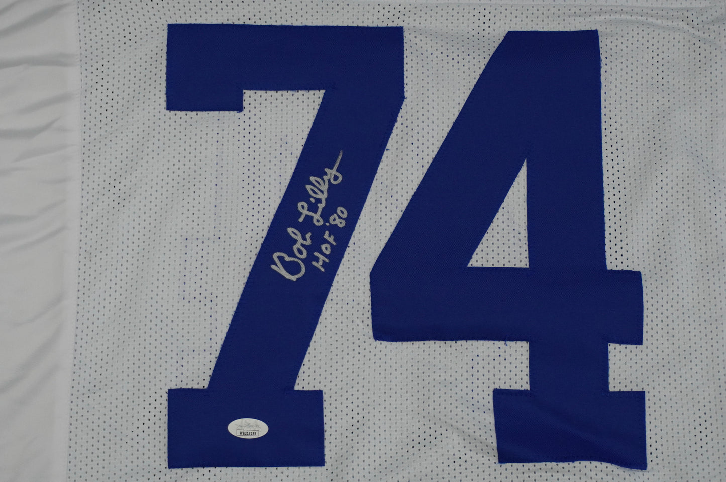 BOB LILLY SIGNED WHITE JERSEY Size L Dallas Cowboys w/HOF 80 JSA COA