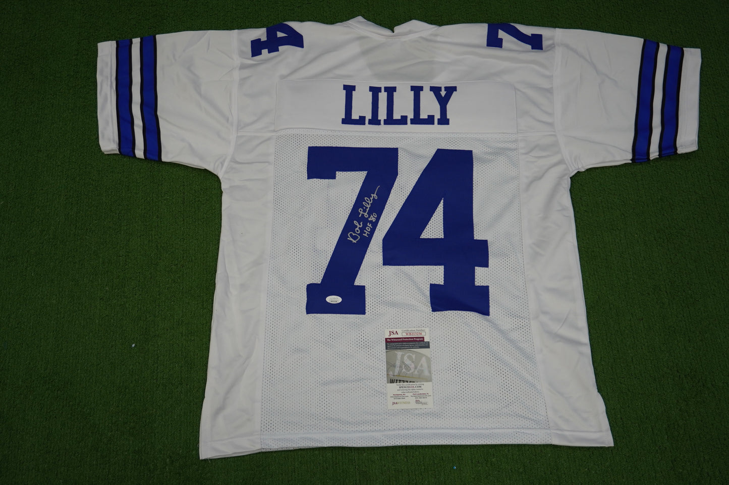 BOB LILLY SIGNED WHITE JERSEY Size L Dallas Cowboys w/HOF 80 JSA COA