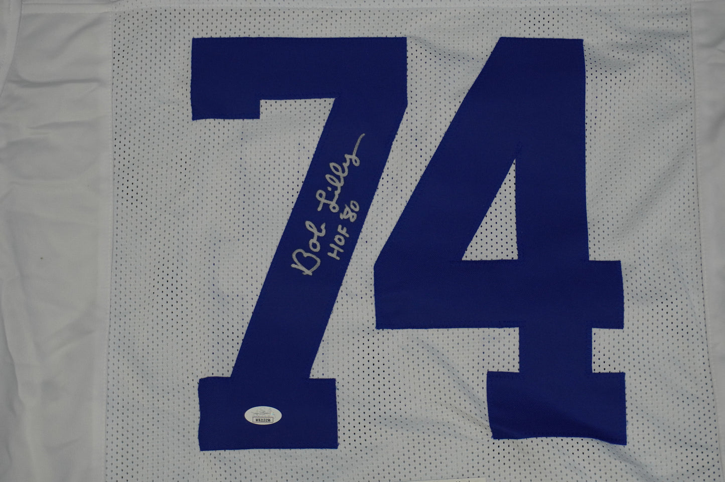 BOB LILLY SIGNED WHITE JERSEY Size L Dallas Cowboys w/HOF 80 JSA COA