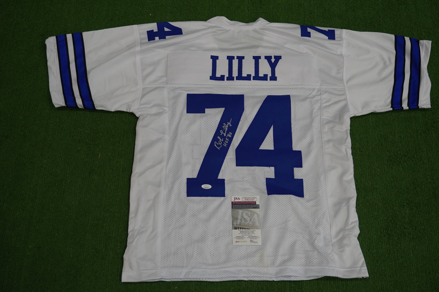 BOB LILLY SIGNED WHITE JERSEY Size L Dallas Cowboys w/HOF 80 JSA COA
