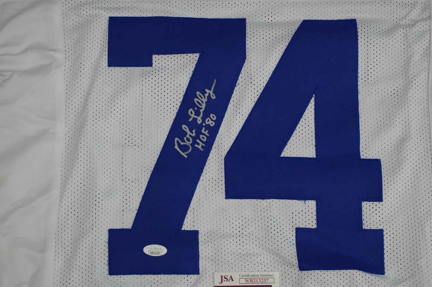 BOB LILLY SIGNED WHITE JERSEY Size L Dallas Cowboys w/HOF 80 JSA COA
