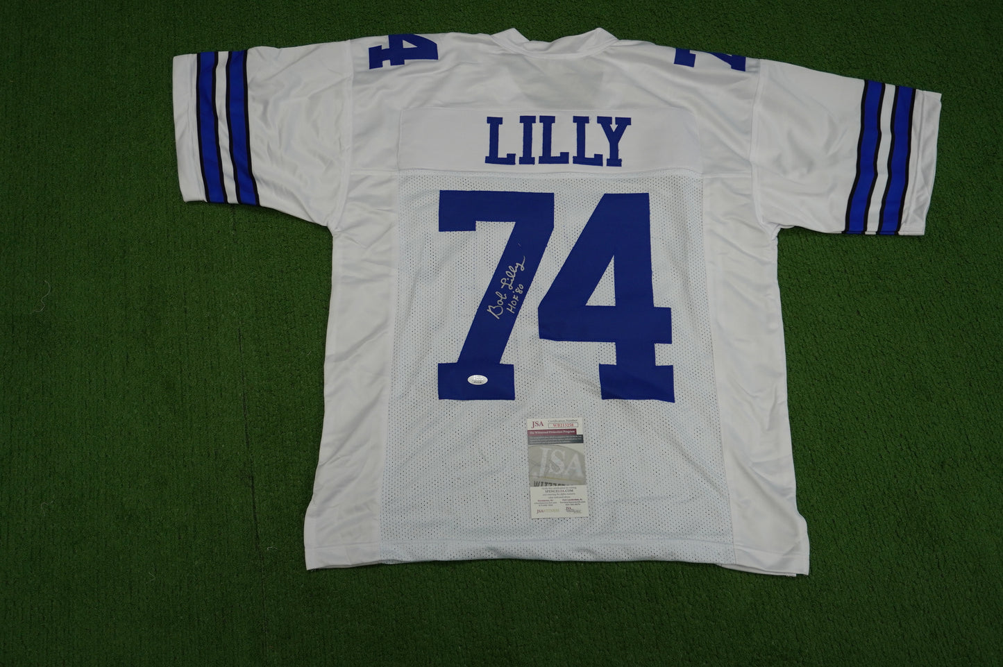 BOB LILLY SIGNED WHITE JERSEY Size L Dallas Cowboys w/HOF 80 JSA COA