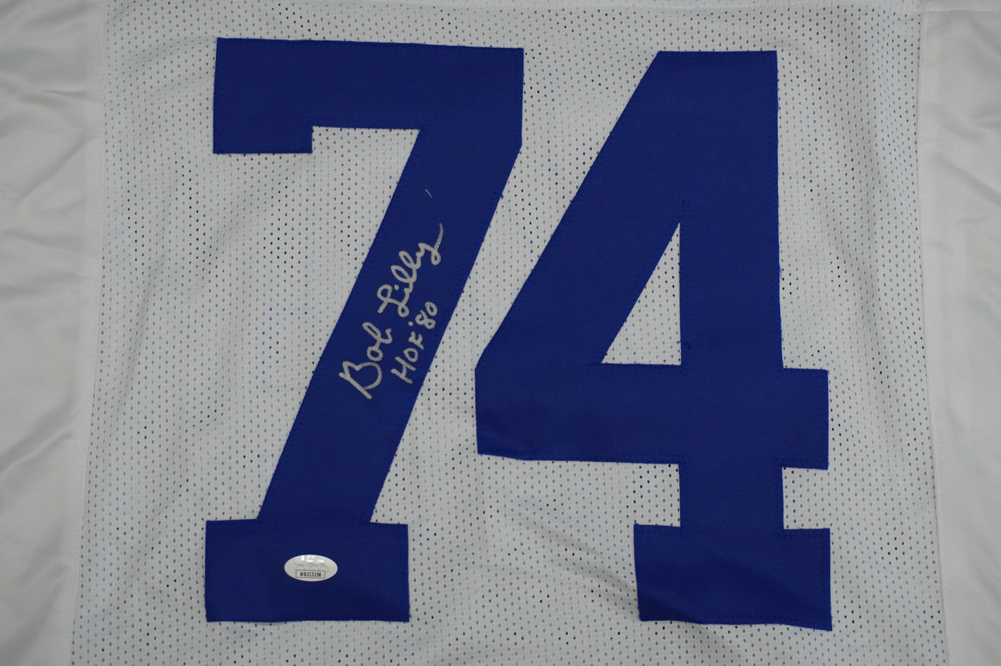 BOB LILLY SIGNED WHITE JERSEY Size L Dallas Cowboys w/HOF 80 JSA COA